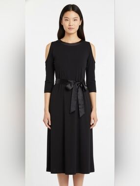 Donna Karan Womens Midi Dress Sz S Cold Shoulder Fabric Tie Waist Black Jersey